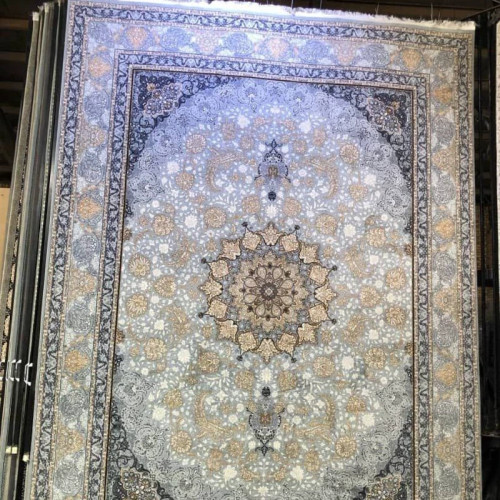 فرش ماشینی6متری اکریلیک پرزبلندسنگین وزن 700شانه کاشان نقشه افشان سرمه ایی