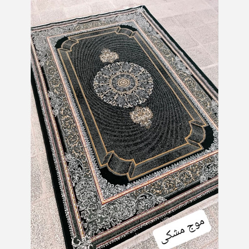 فرش ماشینی 9متری اقتصادی کاشان نقشه زیبای موج مشکی