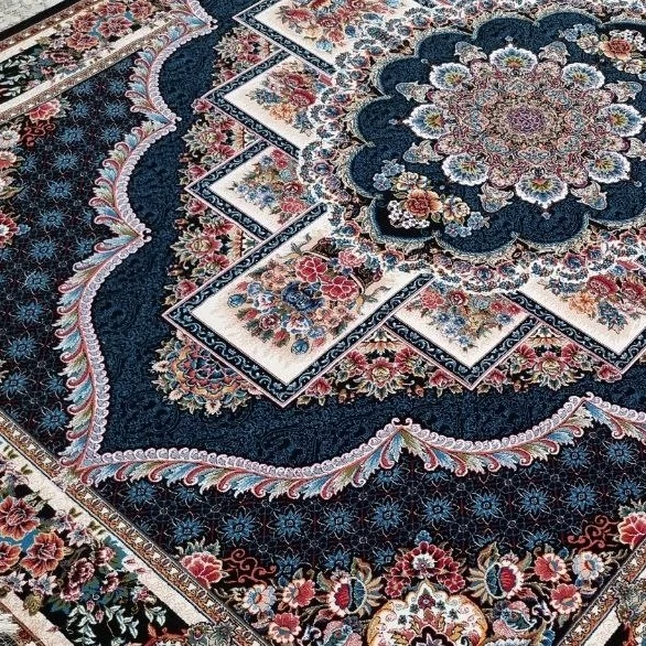 فرش ماشینی 12متری700شانه جدید کاشان نقشه زیبای ناردون سرمه ایی مناسب خاص پسندان