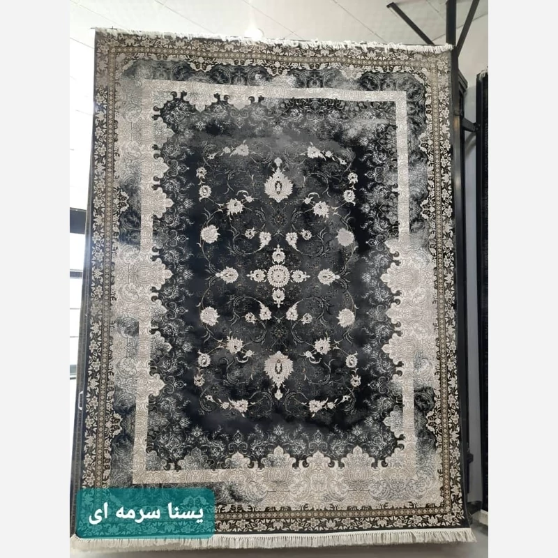فرش ماشینی 700شانه کاشان 9متری صددرصدنخ اکریلیک نقشه یسنا سرمه ایی