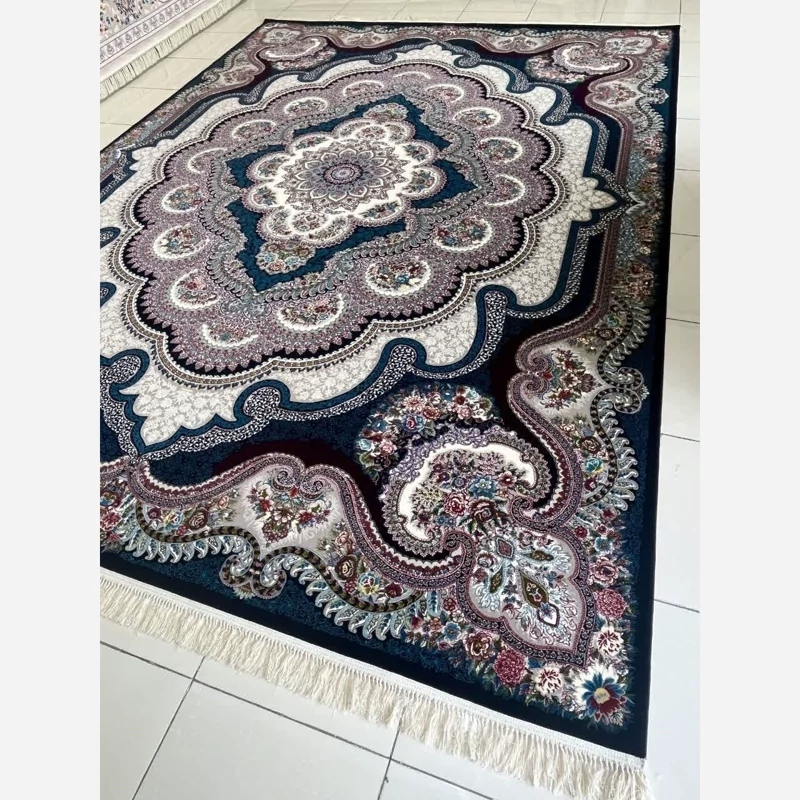 فرش ماشینی 12متری 700شانه اکریلیک سنگین وزن پرزبلندنقشه زیبای باغ ملک سرمه ایی مناسب جهیزیه