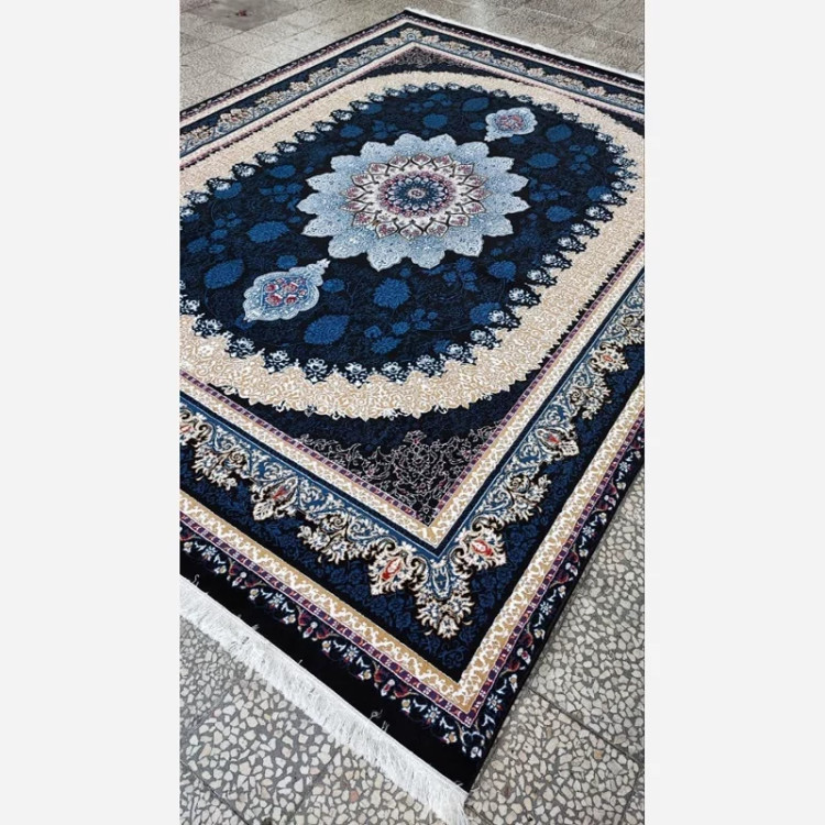 فرش ماشینی 4متری جدید کاشان نقشه زیبای گیتا سرمه ایی بافت نرم و زیبا