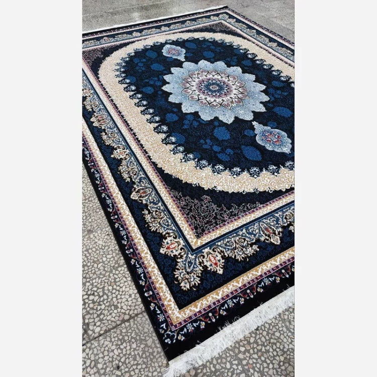 فرش ماشینی 4متری جدید کاشان نقشه زیبای گیتا سرمه ایی بافت نرم و زیبا