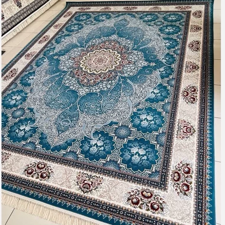 فرش700شانه ماشینی 6متری پرزبلندسنگین وزن کاشان نقشه زیبای چکاوک آبی