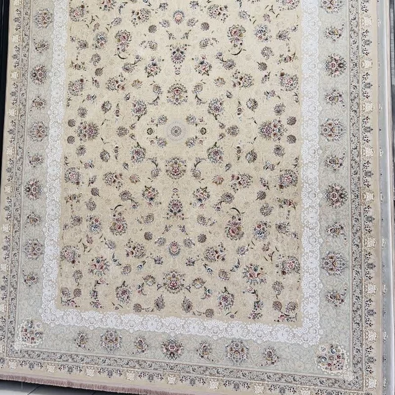 فرش 6متری 1200شانه ماشینی اکریلیک ضخیم کاشان نقشه منالیزه بژبافت نرم و لطیف