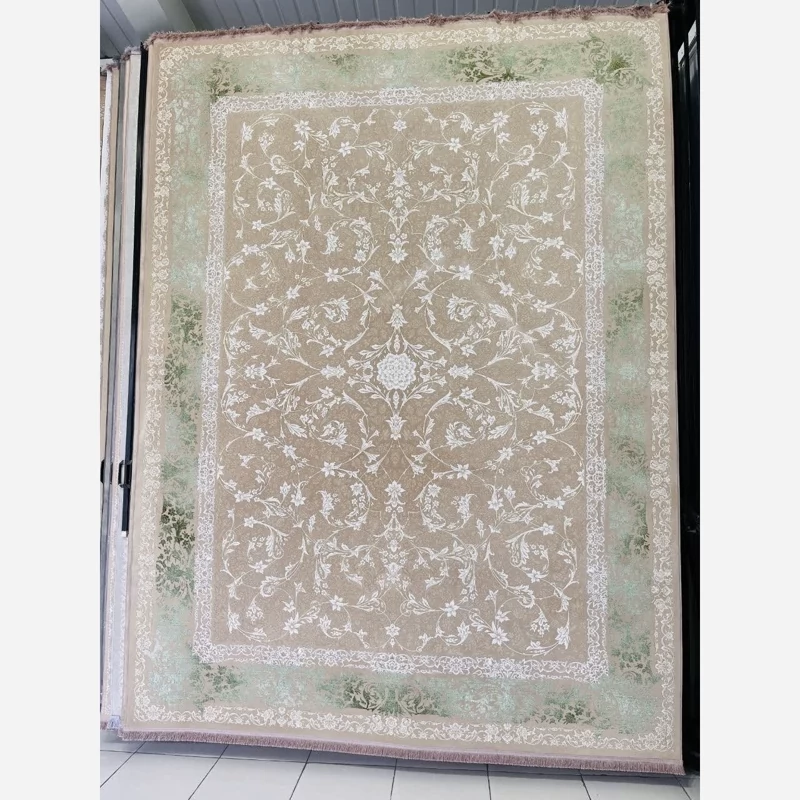 فرش 9متری ماشینی 1200شانه طلاکوب اکریلیک ضخیم کاشان نقشه آسنات بژ مناسب دکوراسیون لوکس