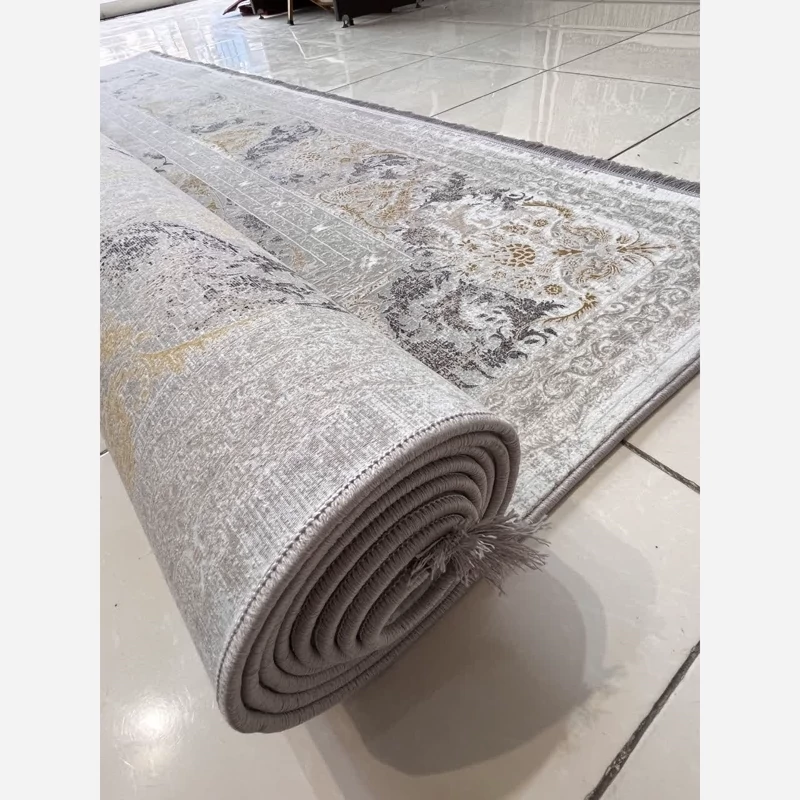 فرش ماشینی 9متری1200شانه اکریلیک ضخیم کاشان نقشه وینتیج پیچک نقره ایی مناسب دکوراسیون لوکس