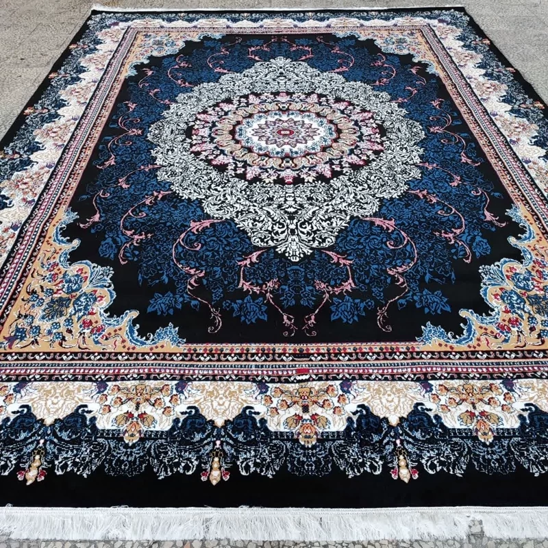 فرش ماشینی 6متری اقتصادی کاشان نقشه زیبای دلاریس سرمه ایی (2عددی)