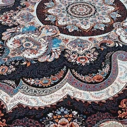 فرش 12متری ماشینی 700شانه کاشان نقشه شهیاد سرمه ایی مناسب دکوراسیون خاص(2عددی)