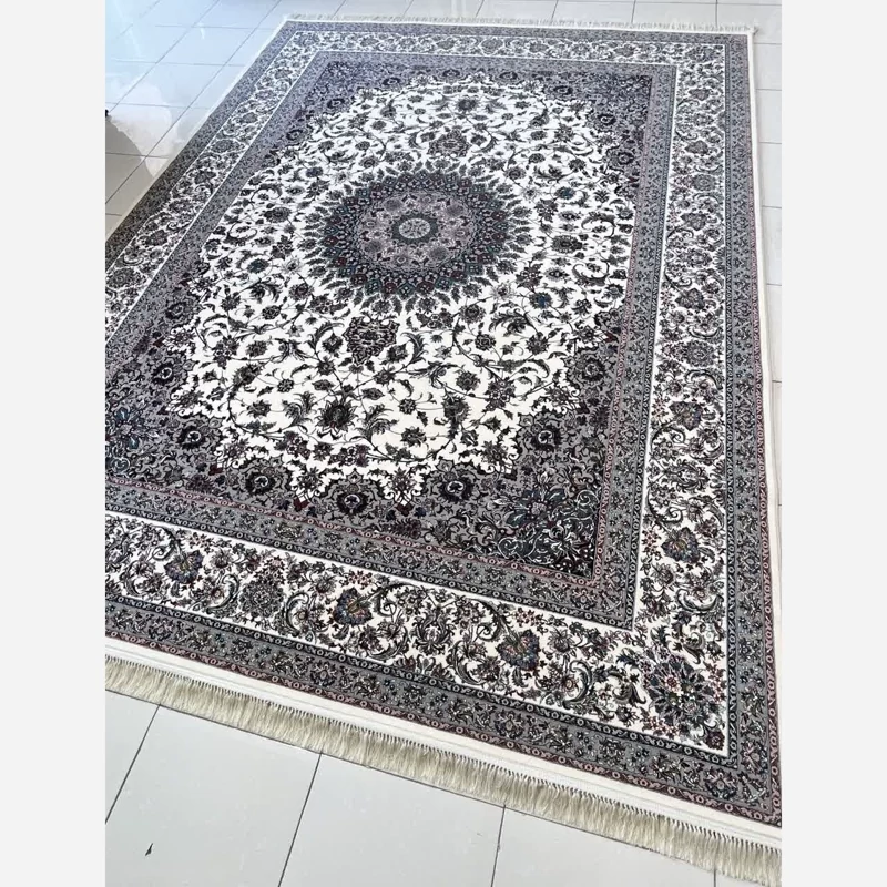 فرش ماشینی اکریلیک 700شانه 6متری پرزبلندسنگین وزن کاشان نقشه زیبای افشان کرم