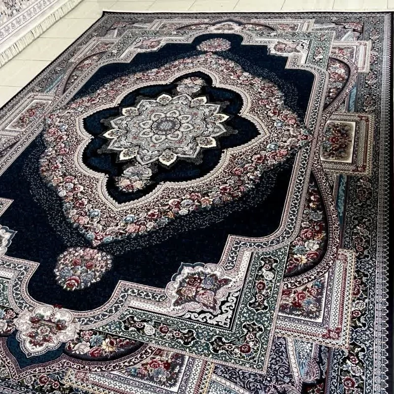 فرش ماشینی 700شانه12متری سنگین وزن پرزبلندنقشه باغ معلق سرمه ایی مناسب دکوراسیون خاص