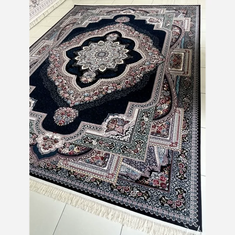 فرش ماشینی6متری 700شانه پرزبلندسنگین وزن نقشه زیبای باغ معلق سرمه ایی مناسب جهیزیه