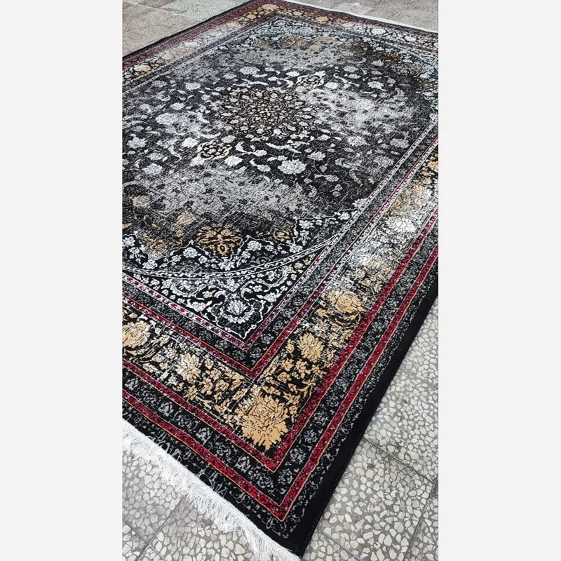 فرش ماشینی 9متری جدید کاشان نقشه ثروت مشکی مناسب جهیزیه