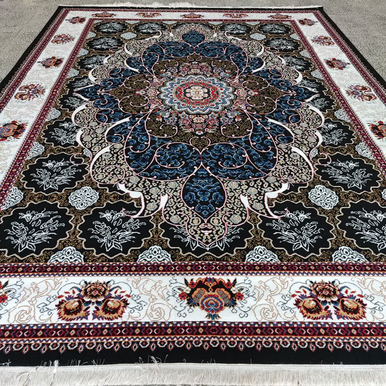 فرش ماشینی ۱۲متری ارزان قیمت کاشان نقشه زیبای چکاوک سرمه ایی بافت نرم و لطیف