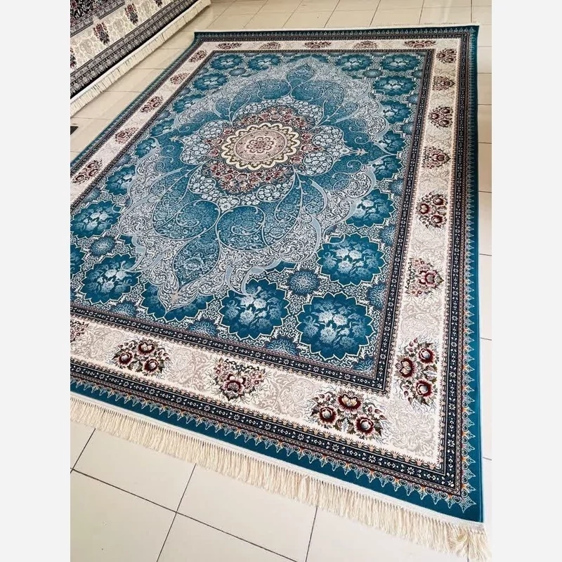 فرش700شانه ماشینی 6متری پرزبلندسنگین وزن کاشان نقشه زیبای چکاوک آبی