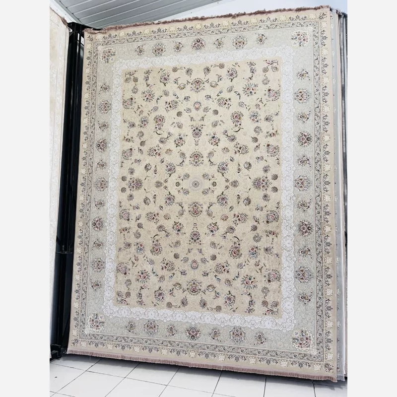 فرش ماشینی 1200شانه9متری ضخیم کاشان نقشه منالیزه بژبافت نرم و زیبا