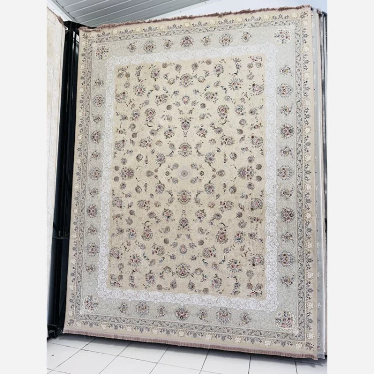 فرش ماشینی 1200شانه9متری ضخیم کاشان نقشه منالیزه بژبافت نرم و زیبا