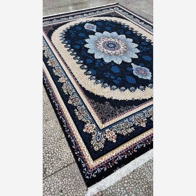 فرش ماشینی 4متری جدید کاشان نقشه زیبای گیتا سرمه ایی بافت نرم و زیبا