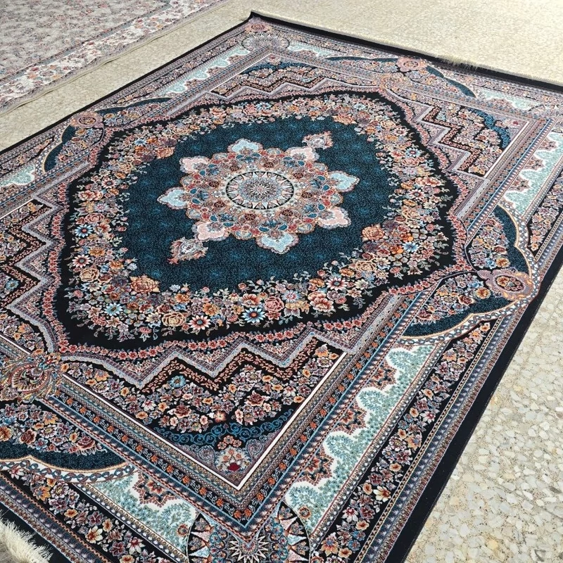 فرش 700شانه12متری ماشینی لوکس کاشان نقشه بهشت سرمه ایی(2عددی).