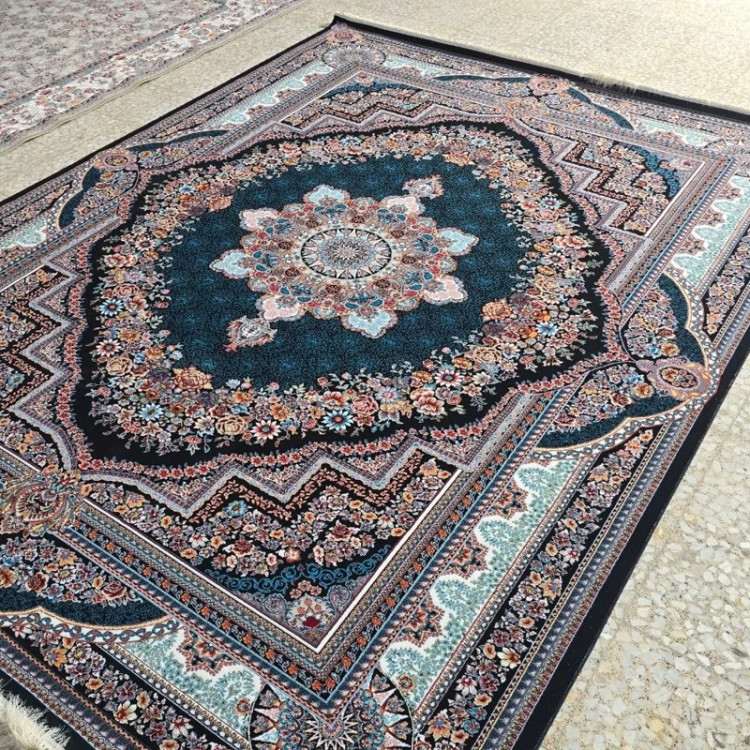 فرش 700شانه12متری ماشینی لوکس کاشان نقشه بهشت سرمه ایی(2عددی).