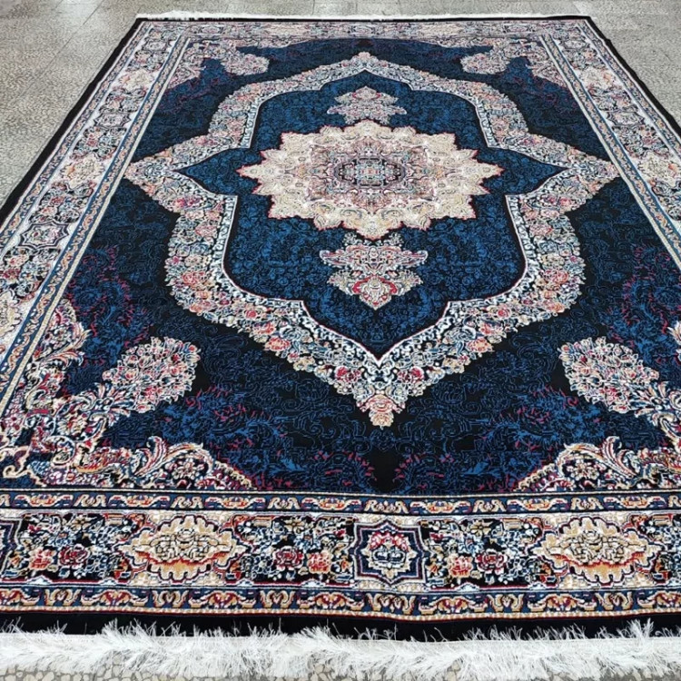 فرش ماشینی 4متری کاشان نقشه کارینا سرمه ایی(2عددی)