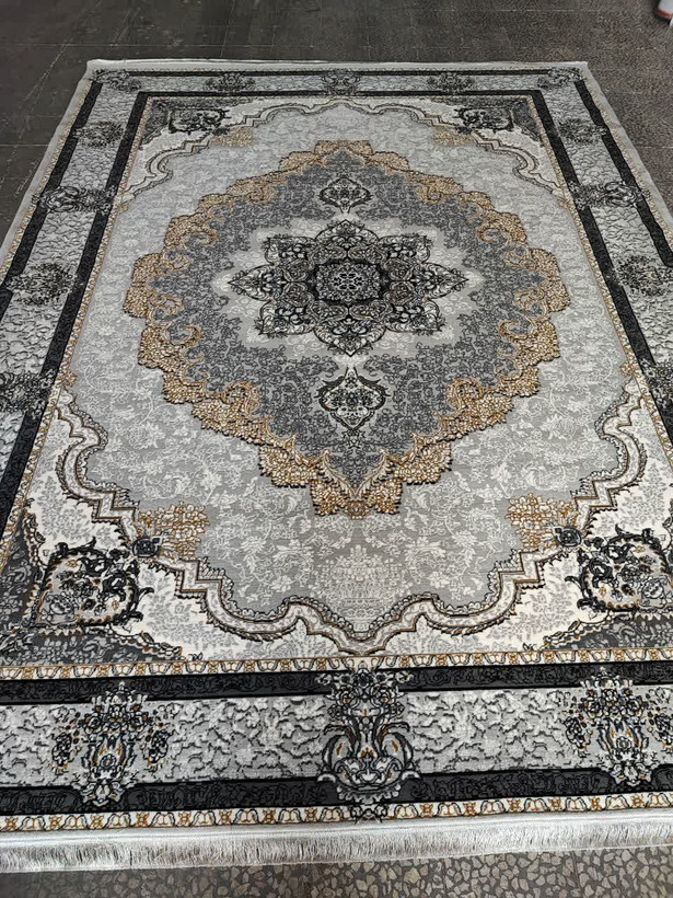 فرش ماشینی نقره ای۹متری لاکچری جدیدکاشان نقشه کرشمه مناسب دکوراسیون لوکس